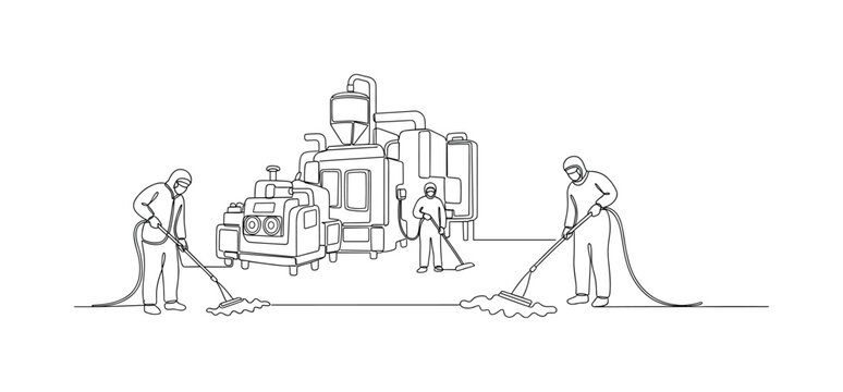 Sanitizing Industrial Space. Minimalistic one-line drawing workers cleaning machinery and floor area, continuous single black line on white background, simple