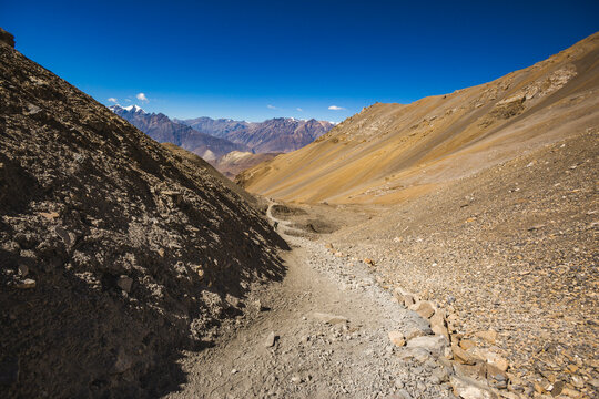 Way through Thorong la Pass, Himalaya mountains in Nepal,
