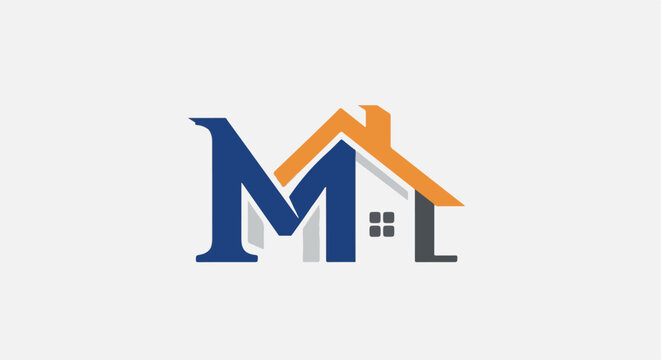 Stylized house emblem with a large letter 'M' in blue and orange