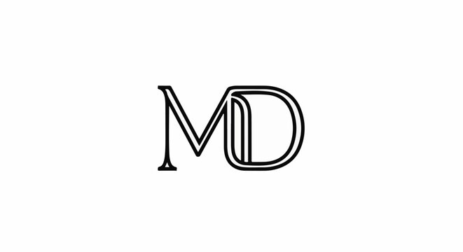 Stylized MD monogram with bold outlines and elegant serifs on a white background