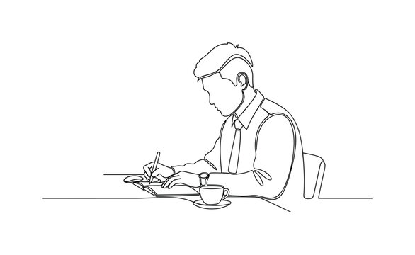 Columnist Work. Minimalistic one-line drawing individual drafting article with coffee cup on desk, continuous single black line on white background, simple