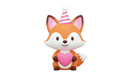 Fototapeta premium Cute 3D Fox Holding Pink Heart and Wearing Party Hat