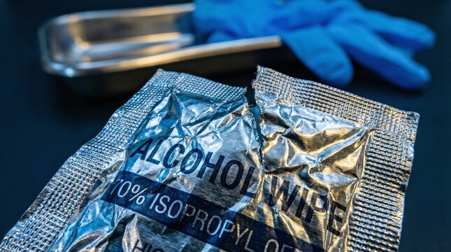 Close-up of a torn silver foil packet of a 70% isopropyl alcohol wipe with medical gloves and a tray in the blurred background