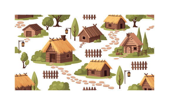 hut seamless pattern, repeating pattern, surface design, textile print, modern illustration of rustic huts, wooden roofs, straw thatch, trees,
