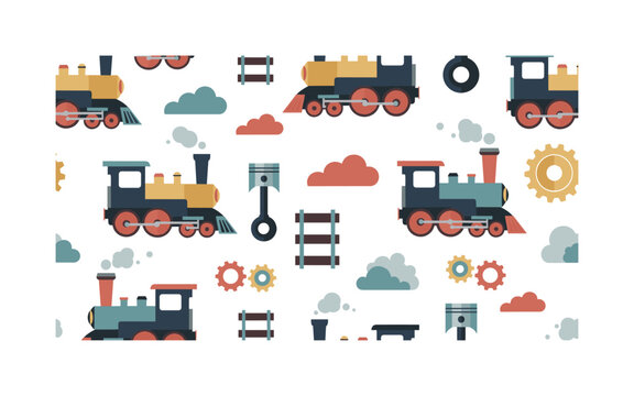 steam train icons seamless pattern, repeating pattern, surface design, textile print, modern illustration of locomotives, wheels, pistons, smokestacks, gears,
