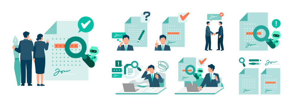 Professional business people using AI contract review solution to analyze documents and signing with confidence for digital transformation workflow and legal technology efficiency.