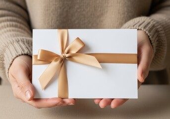 Obraz premium A person wearing a beige sweater holding a white envelope decorated with a golden satin ribbon bow