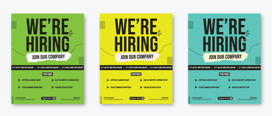Fototapeta premium We are hiring bold recruitment poster with vibrant green yellow and teal background modern typography layout job vacancy announcement for office assistant data entry operator customer support sales 