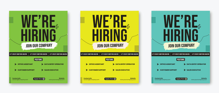 We are hiring bold recruitment poster with vibrant green yellow and teal background modern typography layout job vacancy announcement for office assistant data entry operator customer support sales 