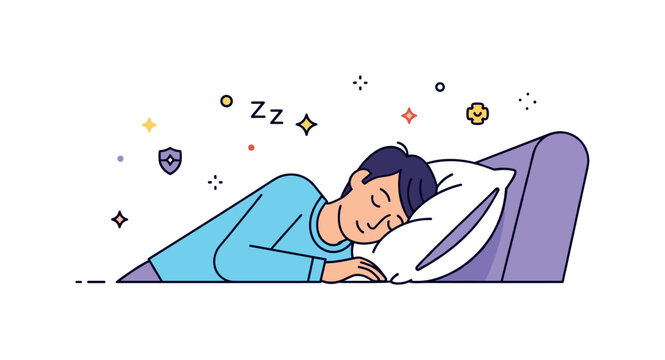 Pillow nap time scene where a person leans on a soft pillow on a sofa while tiny sparkle and star icons highlight comfort, relaxation, and well-being. The