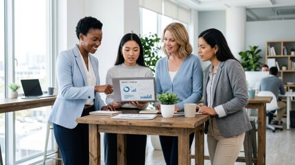 Fototapeta premium Diverse business team collaborates on project data displayed on a laptop