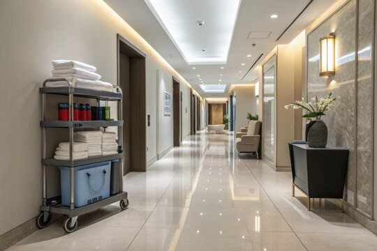 Hotel corridor with cleaning cart and fresh towels in modern interior