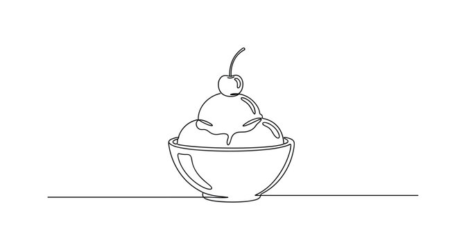 Ice Cream Sundae. Minimalistic one-line drawing ice cream in bowl with cherry on top, continuous single black line on white background, simple outline style,