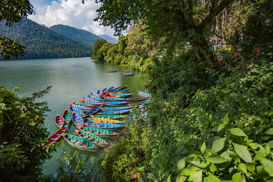Colorful boats on the lake Phewa. Pokhara, Nepal