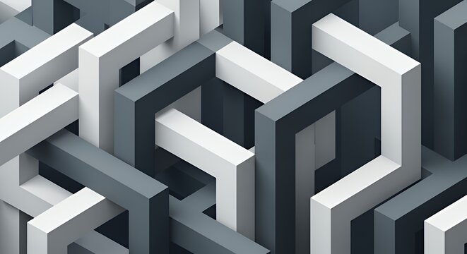 幾何学的なブロックが複雑に連なるモノトーンの3D抽象背景
