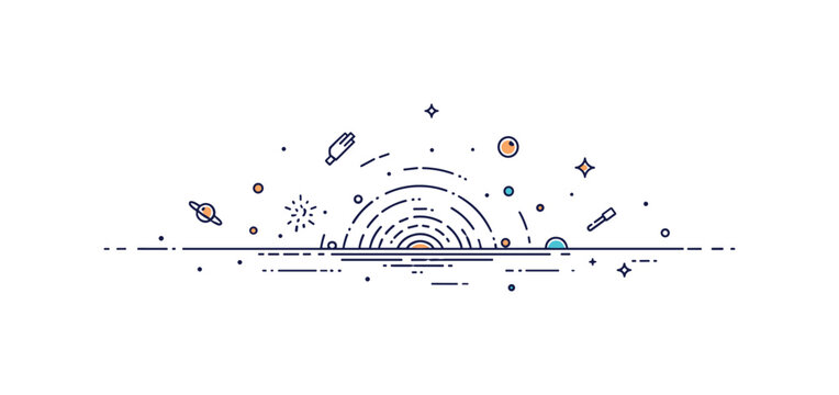 Infinite space cosmic horizon concept where a distant universe fades into the void while tiny sparkle and line icons emphasize depth, infinity, and mystery.