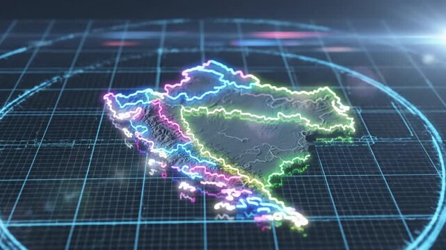 Digital 3D map of Southeastern Europe with neon glowing borders on a high tech grid background