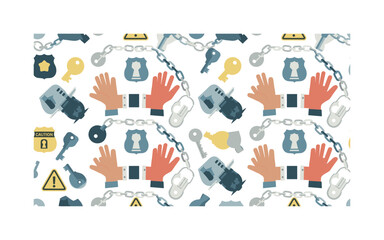 Fototapeta premium handcuffed hands seamless pattern, repeating pattern, surface design, textile print, modern illustration of wrists with handcuffs, chains, keys, security