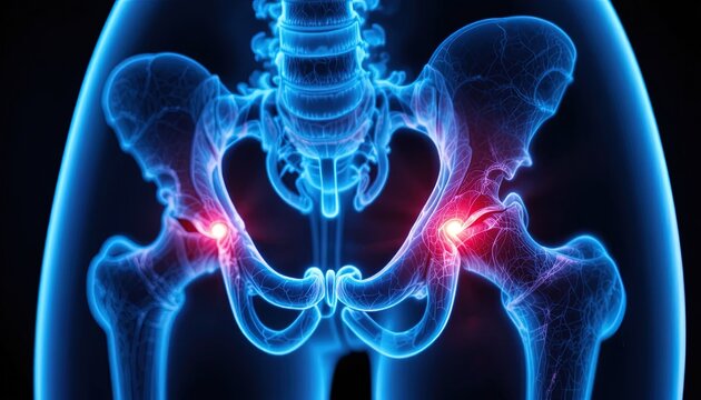 Human Hip Pain Illustration: Detailed Anatomical View with Highlighted Pain Points and Blue Hue