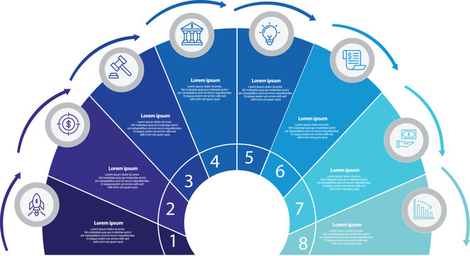 Collection of vector circle chart infographic templates for presentations, advertising, layouts, annual reports. 8 options, steps, parts	