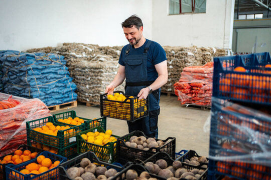 Worker moving fresh produce crates in warehouse distribution center
