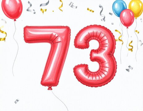Pencil drawing of red number 73 balloon. Sketch for birthday or anniversary party