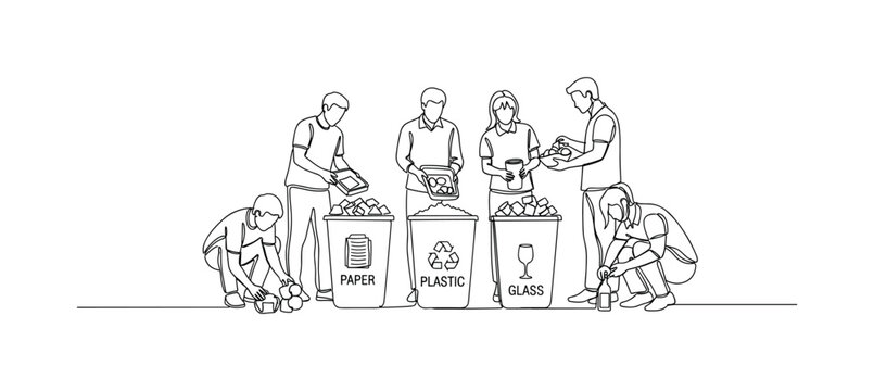 Recycling Initiative. Minimalistic one-line drawing community members organizing recyclable materials into separate bins, continuous single black line on white