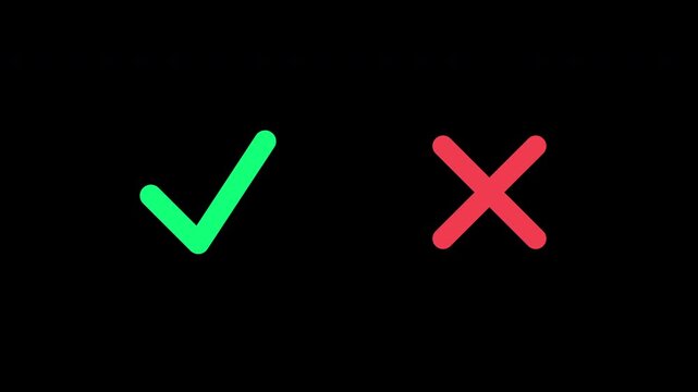 Green Check Mark And Red Cross X Symbol Pop-Up Animation Isolated On Black Background - Tick And Close Sign