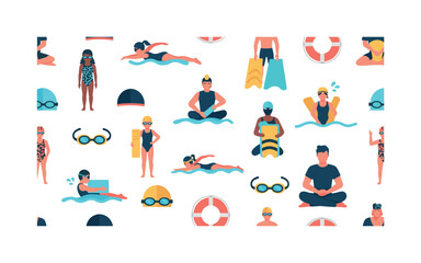 Fototapeta premium learn to swim patterns seamless pattern, repeating pattern, surface design, textile print, modern illustration of children, adults, swim instructors, goggles,