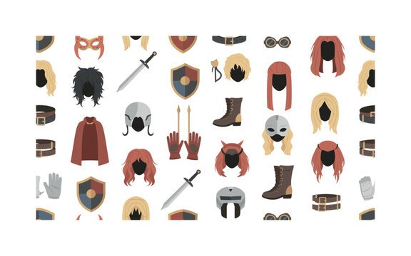 fan costume motifs seamless pattern, repeating pattern, surface design, textile print, modern illustration of wigs, masks, swords, shields, gloves, capes,