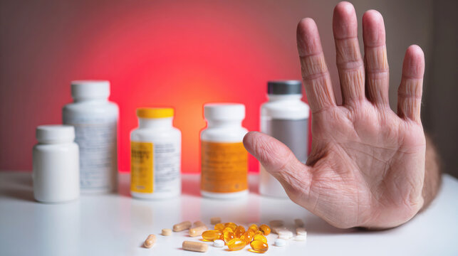 Hand raised in a stopping gesture in front of scattered pills and medicine bottles, symbolizing refusal of medication, drug safety awareness and responsible healthcare decisions.
