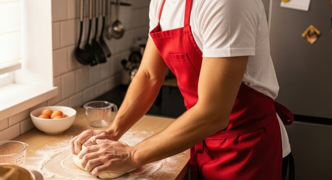 Woman in red apron kneading dough on kitchen counter with natural light