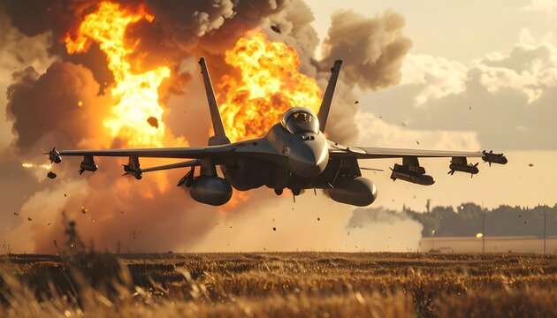 Powerful military fighter jet flying aggressively above a golden field with a massive fiery explosion and billowing smoke in the background under a dramatic golden sky.