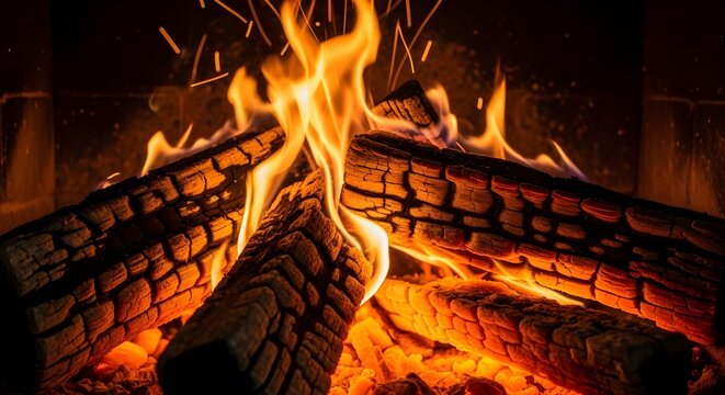 A warm orange glow emanates from the burning firewood as flickering yellow flames dance over hot coals in the fireplace during a quiet night