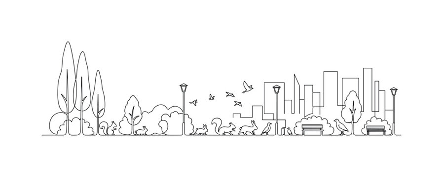 City Wildlife Corridor. Minimalistic one-line drawing line of greenery and small animals passing through urban landscape, continuous single black line on white