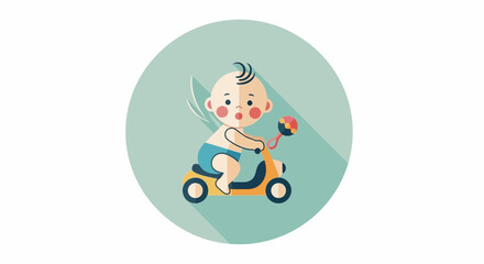 Fototapeta premium Cute baby riding a scooter with wings illustration.
