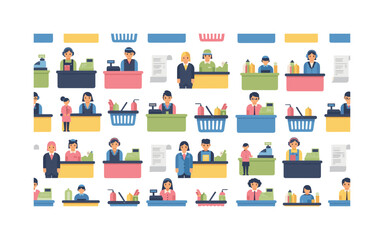 Obraz premium checkout patterns seamless pattern, repeating pattern, surface design, textile print, modern illustration of service workers, counters, registers, products,