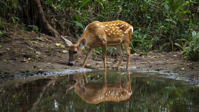 Jungle deer drinking water from small stream reflection visible peaceful scene