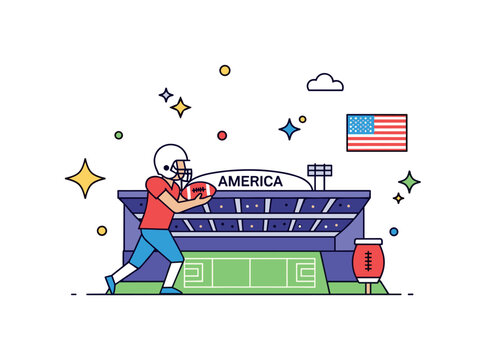 America American football scene where a player or stadium is shown while small sparkle and star icons emphasize sports culture, teamwork, and national pastime.