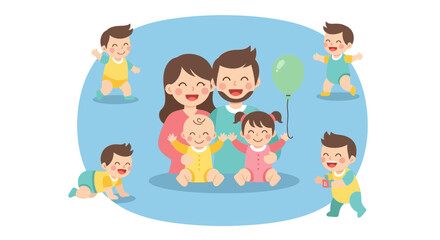 Fototapeta premium Happy Family with Five Children and Balloon.