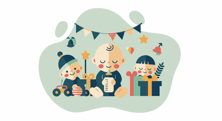Fototapeta premium Three Adorable Babies Celebrating Together with Gifts and Decorations.