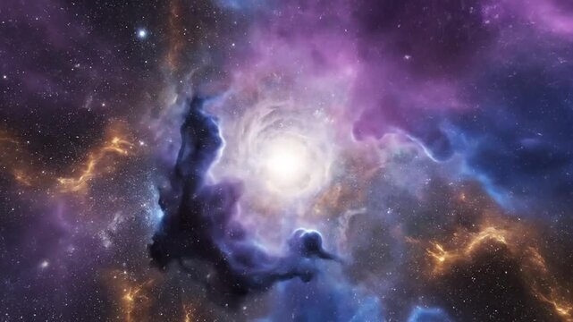 Abstract depiction of swirling nebulae and celestial bodies in deep space