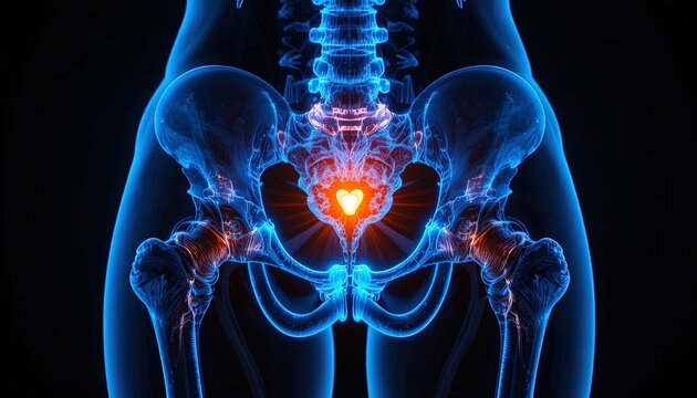 Human Pelvis Anatomy with Highlighted Lower Back Pain, Sciatica Nerve Pain, or Sacroiliac Joint Dysfunction Visualized in Blue