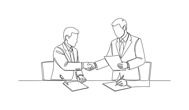 Treaty Signing. Minimalistic one-line drawing diplomats with pens and papers exchanging agreements, continuous single black line on white background, simple