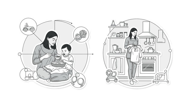 childcare and chores geometric circles intersecting lines and abstract toy icons detailed monochrome multitasking mom feeding child while folding laundry and
