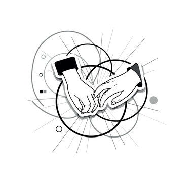 affectionate gestures geometric rings intersecting lines and minimal hand icons realistic black and white friends or partners holding hands or hugging warmly