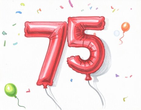 Pencil drawing of red number 75 balloon. Sketch for birthday or anniversary party
