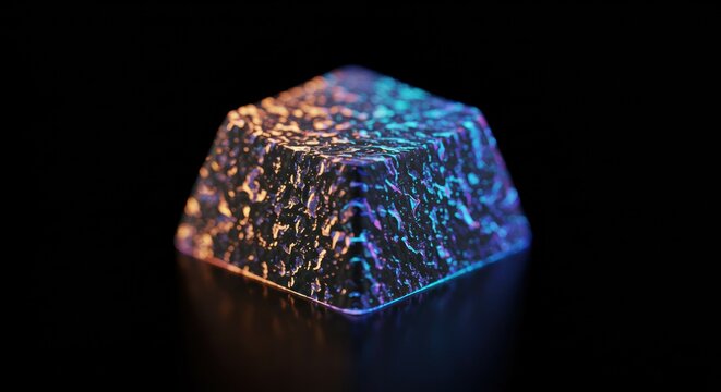 Abstract illuminated keyboard keycap with vibrant colors against black background