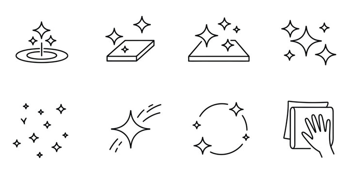 Set of eight black line icons representing surface cleaning, polishing, and sparkling shine effects, hand drawn vector illustration