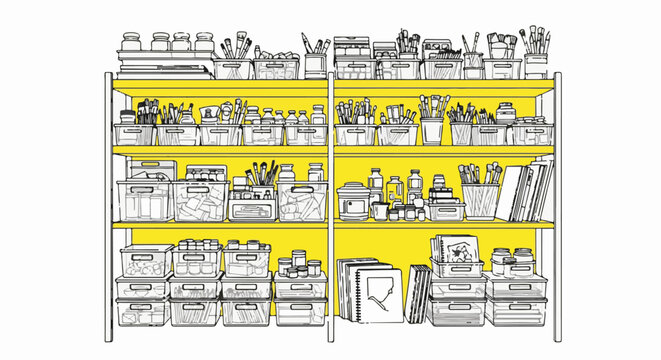 Yellow shelves overflow with art supplies and storage containers, neatly organized